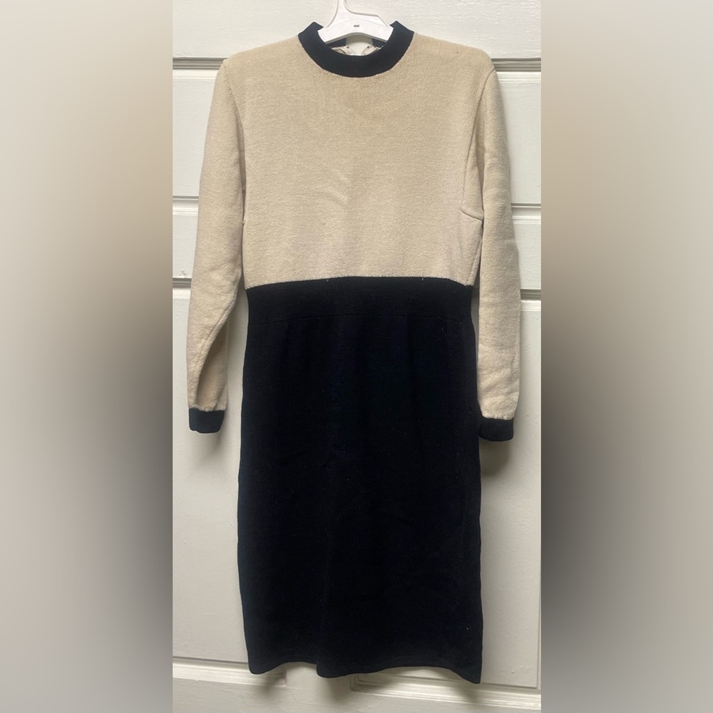 St. John Black and Cream Long Sleeve Dress